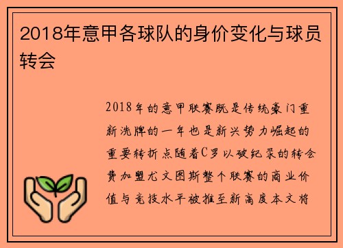 2018年意甲各球队的身价变化与球员转会